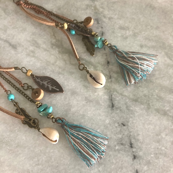 Leather Tassel Shell and Feather Boho Turquoise Earrings - Picture 3 of 7